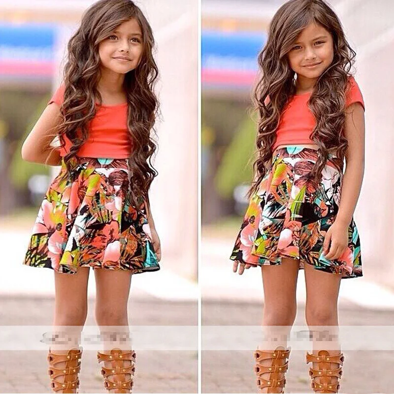 

Elvesnest Kids Clothes Girls Casual Style Children Girl Skirt Set Cotton Short Sleeve Orange Tops+Flower Skirts Children Clothin