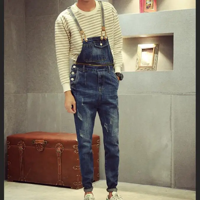 

Men Distressed Denim Overalls With Sispenders New 2017 Mens Scratched Bib Jeans Garment Washed Male Overall Blue Jeans