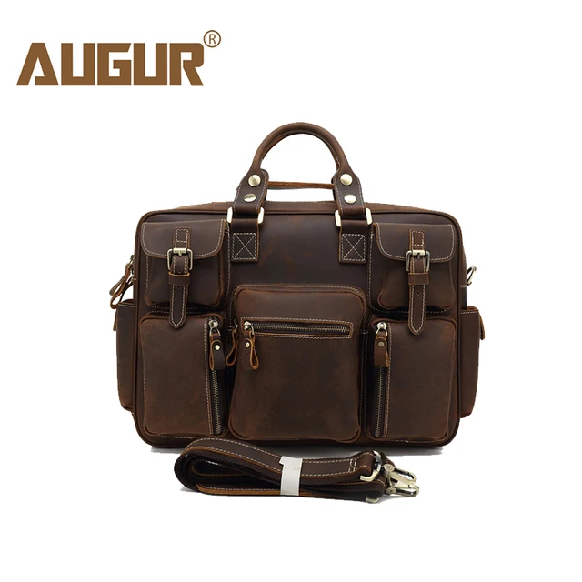 Augur Multi Pocket Handbags Vintage Crazy Horse Genuine Leather Augur Multi Pocket Handbags Vintage Crazy Horse Genuine Leather Shoulder Bag For Men Briefcase Tote