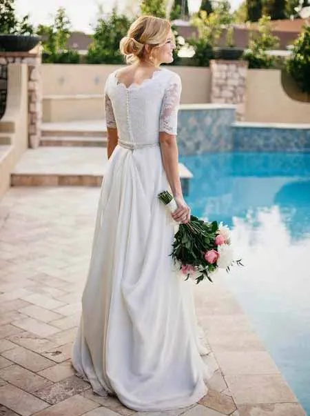 Пляжные свадебные платья Boho кружевной рукав до локтя шифон вырез ракушка пуговицы сзади свадебные платья в стиле кантри халат De Mariee