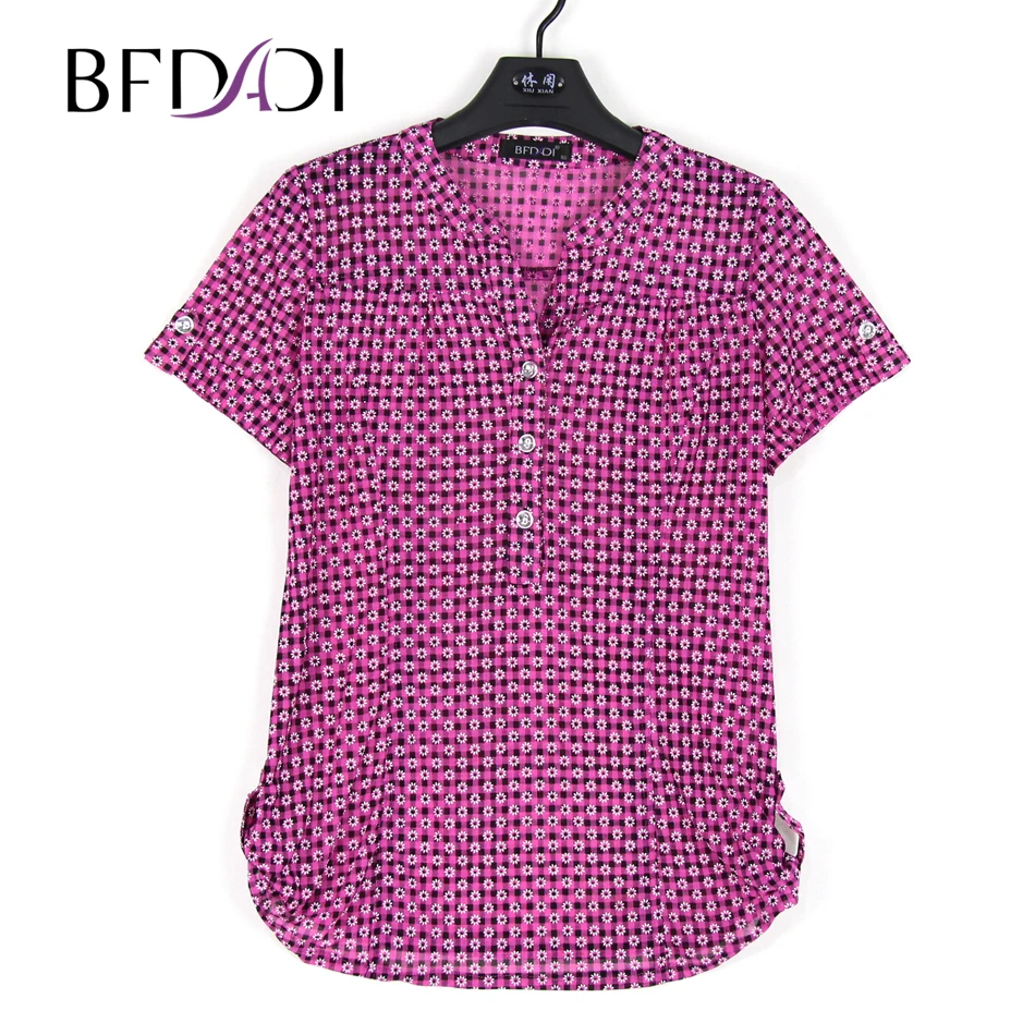 

BFDADI Plus Size 2018 Summer Flowers V-Neck Net yarn Short sleeve Blouses Casual Wear shirts Women Tops Plus Size 9647