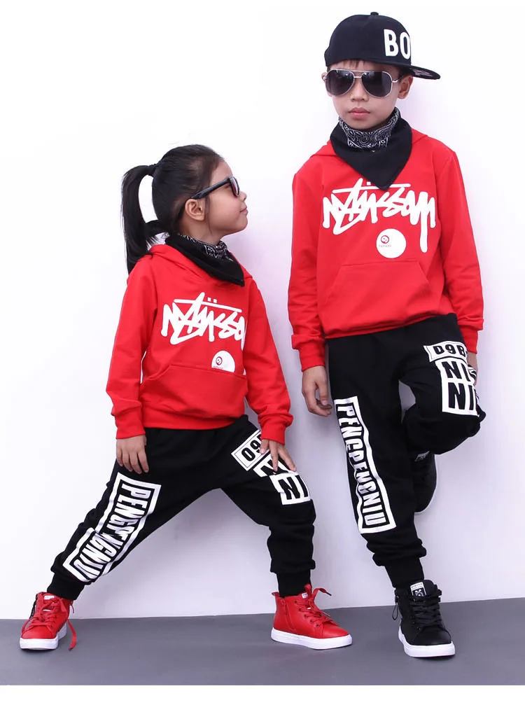 Новые детские толстовки с капюшоном+ Комплекты штанов для мальчиков и девочек Уличная Одежда для танцев дети хип-хоп костюмы танец спортивные костюмы