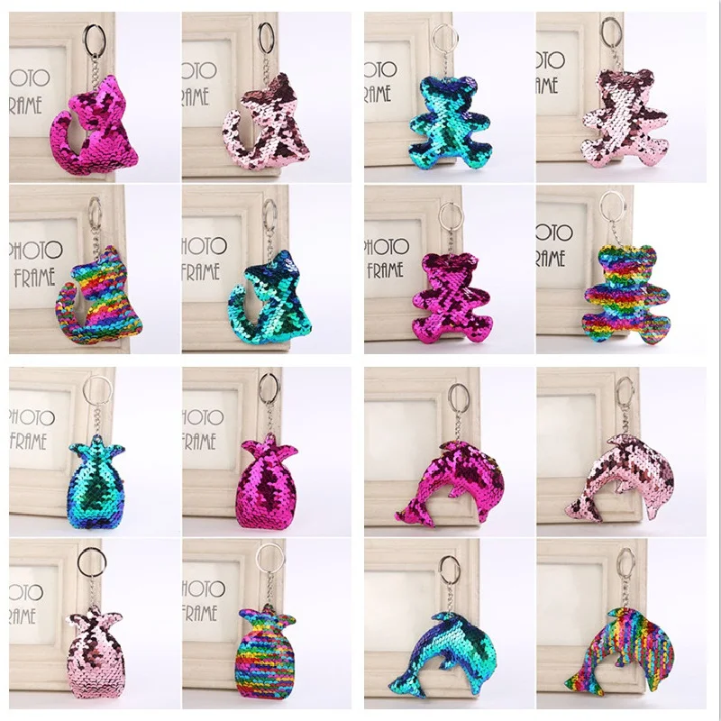 

New 44 Colors Sequins Keychain Cat Pig Christmas Tree Bling Key Chain Keyring Car Bags Pendants Jewelry Accessories Gifts