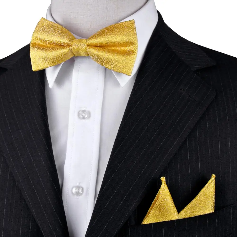 

Free Shipping Solid Yellow Gold Mens Bow Tie Set Tuxedo Pre-tied 100% Silk Handkerchief Adjustable Wholesale Casual Party