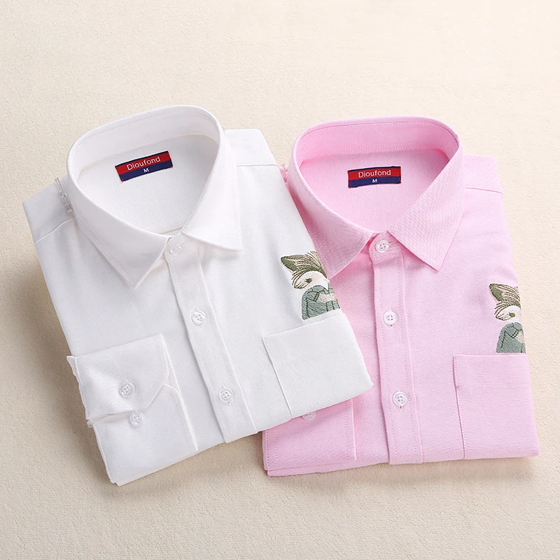 

Dioufond Women Embroidery Blouse 2017 Casual Animal Shirts Solid Long Sleeve Shirt Cotton Oxford Ladies Tops Fox Blouses Women