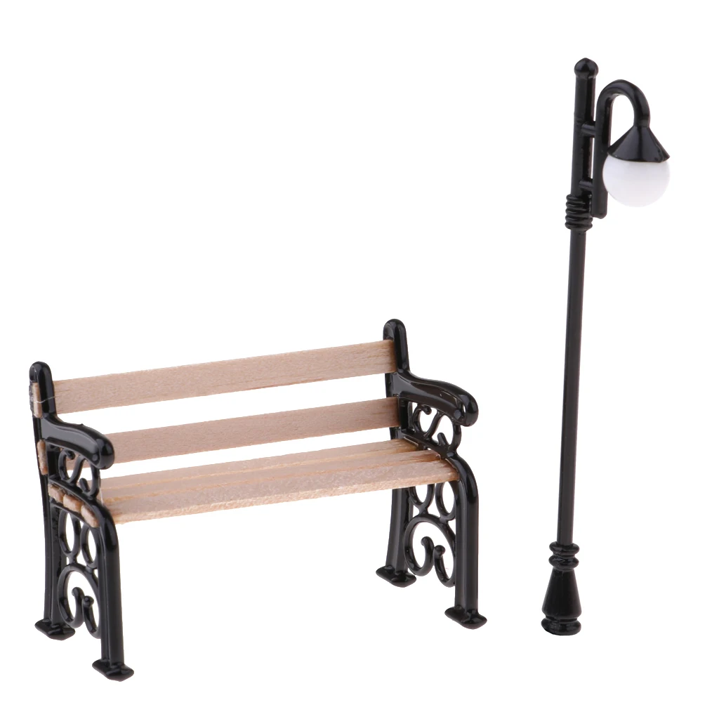 1/12 2 Pieces Dollhouse Furniture Lifelike Dollhouse Garden or Park Mini Wooden Bench & Street Lamp Kids DIY Decoration