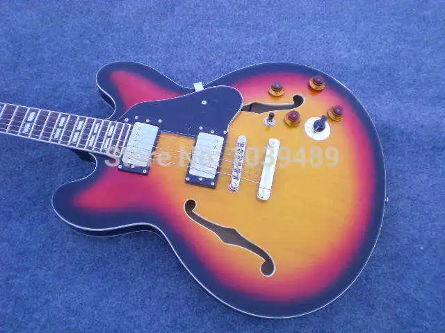 Cheap  New arrival G-ES 335 thin sun color color JAZZ split block inlay on board Electric Guitar semi glossy finsihed!