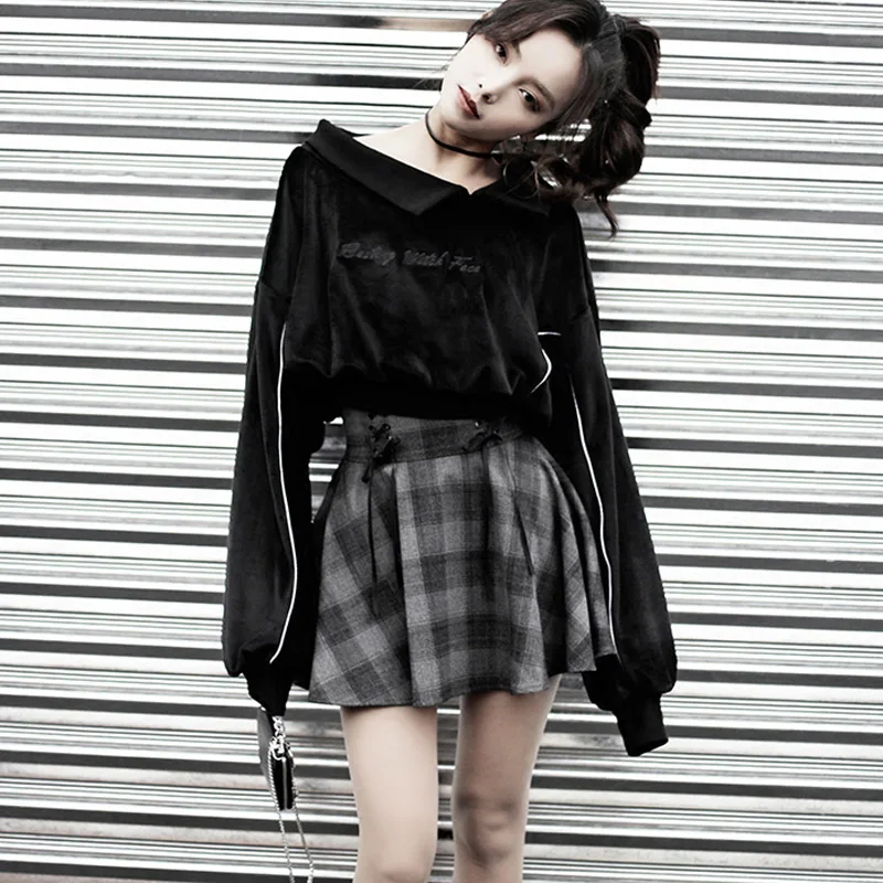 

Women's Sets Gothic Letter Embroidery Velvet Sweatshirt High Waist Bandage Gray Plaid Mini Skirt Girls Female Set Outwear