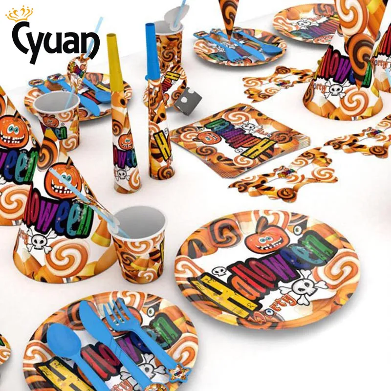 Cyuan Halloween Disposable Paper Plates Cups Napkins Straw Kids Party