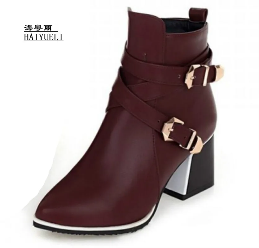 

New Women Boots Thick Heel Boots Ankle Boots Pointed Toe Spring Ladies Boots Female Zip Buckle Red Shoes