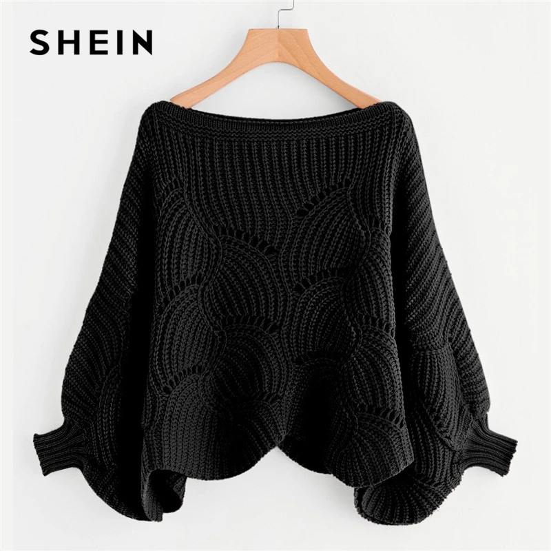 SHEIN Black Preppy Solid Oversized Eyelet Detail Scallop Trim Batwing Sleeve Boat Neck Sweater 2018 Autumn Casual Women Sweaters SHEIN Black Preppy Solid Oversized Eyelet Detail Scallop Trim Batwing Sleeve Boat Neck Sweater 2018 Autumn Casual Women Sweaters