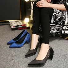 New Sexy tassel women pump 7.5cm Thin heels Rivets Pointed toe women High heeled shoes Shallow mouth party shoes women size34-39