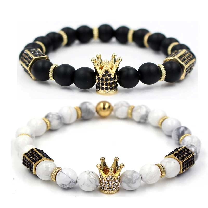 

Trendy Black White Howlite Stone Beads Gold Alloy Crystal Crown Hexagon Charm Bracelet Sets For Women Men Couple Bangles Jewelry