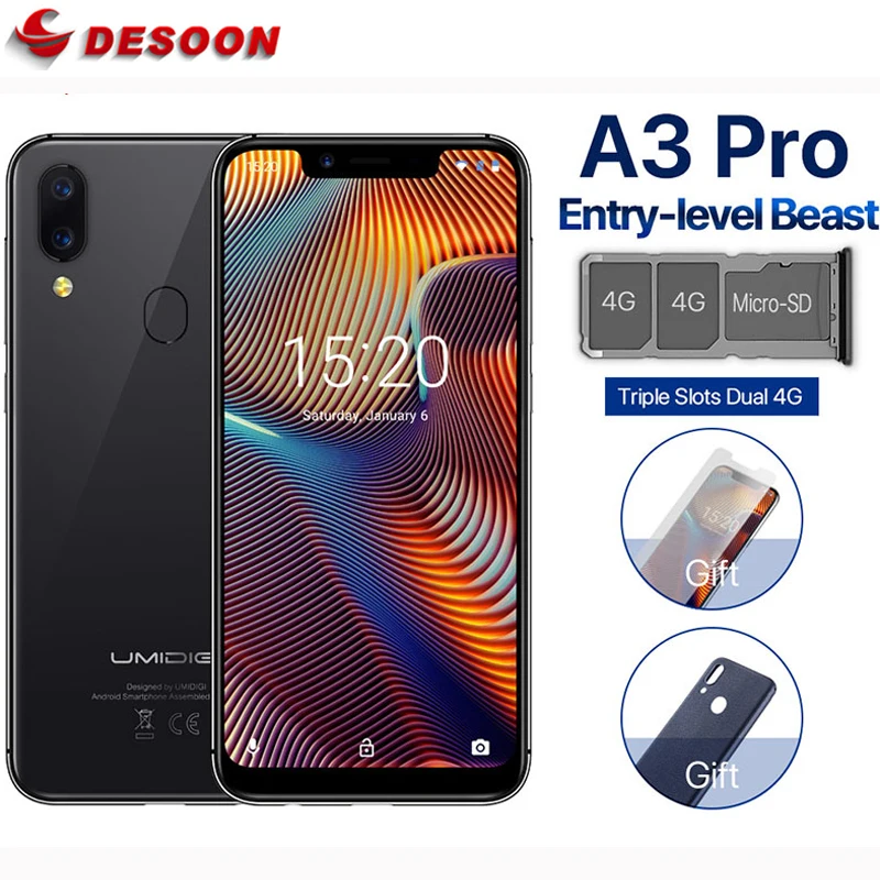 

UMIDIGI A3 Pro Global Band 5.7"19:9 FullScreen smartphone 3GB+32GB Quad core Android 8.1 12MP+5MP Face Unlock Dual 4G Cell phone