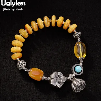 

Uglyless 100% Real Natural Amber Beads Bracelets for Women Elastic Rope Gemstones Fine Jewelry Thai Silver Lotus Charms Bangles