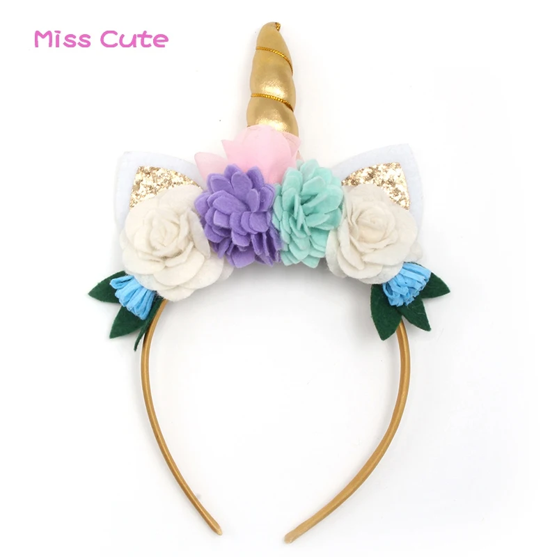 10 PCS/Lot Kids' Gold Unicorn Horn Gold Glitter Ears Hairbands With Non