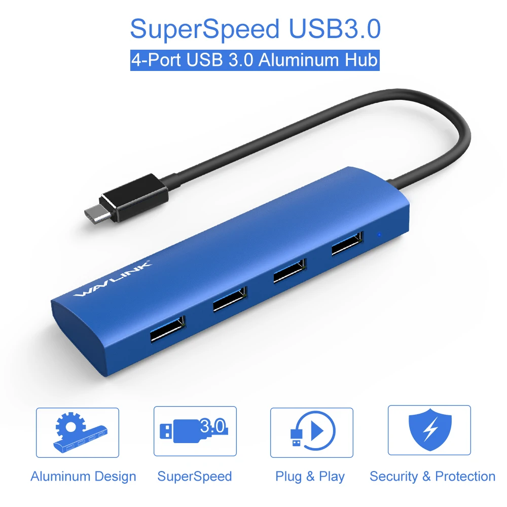 

Wavlink Aluminum USB 3.0 Hub 4 port Type C Adapter with USB C Female Charging Port for New MacBook ChromeBook Pixel Windows Blue