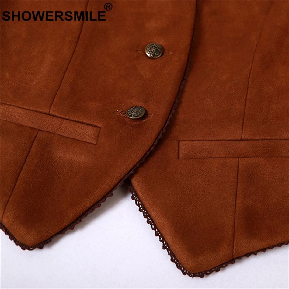 Femmes En Daim Sans Femme Manches Veste Vintage Gilet Brown Slim Rainie Sean Printemps Cou V Brun Court Fit Dentelle RxwFII