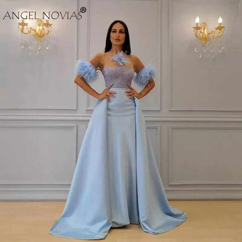 

ANGEL NOVIAS Long Satin Light Blue Saudi Arabic Evening Dresses 2020 with Detachable Skirt Avondjurken 2019 Custom Made