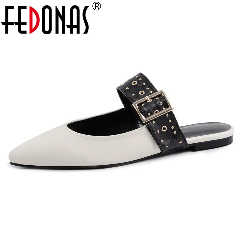 

FEDONAS Women Slip-On Metal Decoration Casual Pumps Spring Summer Genuine Leather Slippers Quality Genuine Leather Shoes Woman