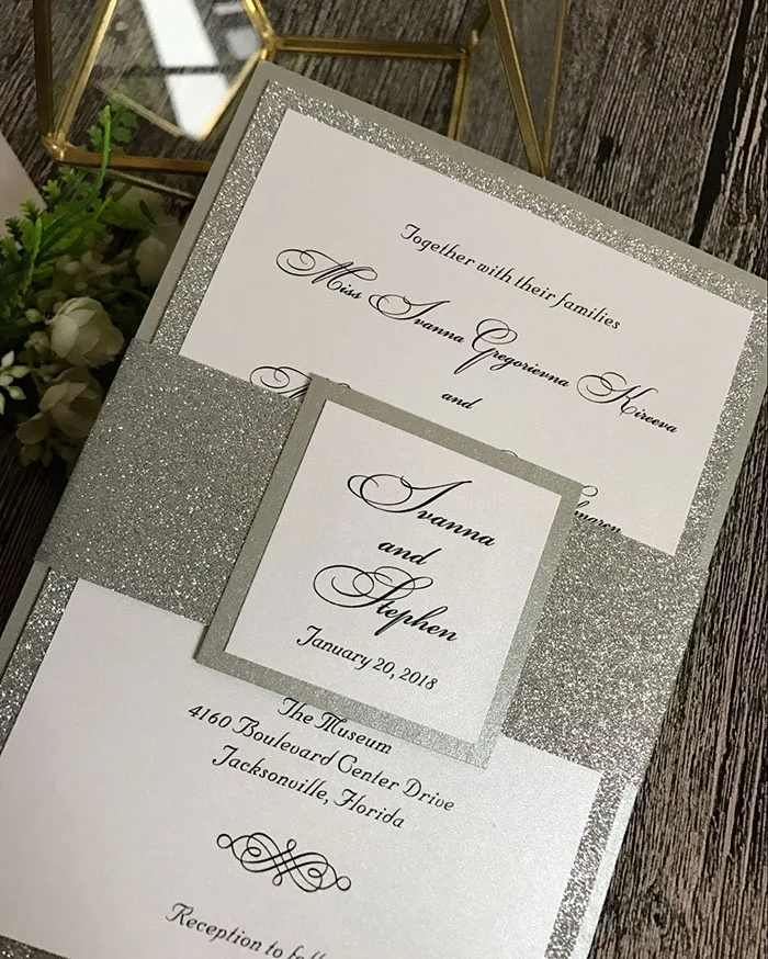 Sale Bespoke Gold or Silver Glittering Wedding Invitations with RSVP 3