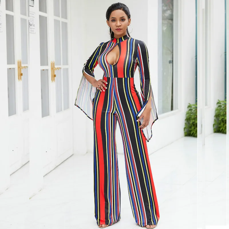 iRicheraf Women Jumpsuit Sexy Striped Casual Long Flare Sleeve Bodysuit Rompers Womens Overalls Costume Fashion Nova Woman