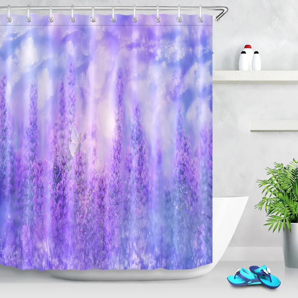 LB моющаяся фиолетовая занавеска для душа на заказ s Лаванда цветочный водонепроницаемый занавеска для ванной из полиэфира ткань для ванной Декор 180*180