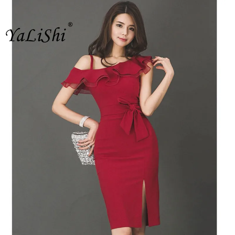 

Summer Dresses Red One Shoulder Ruffles Women Dress Office Lady Bandage Bodycon Sexy Midi Sundress Elegant Socialite Vestidos