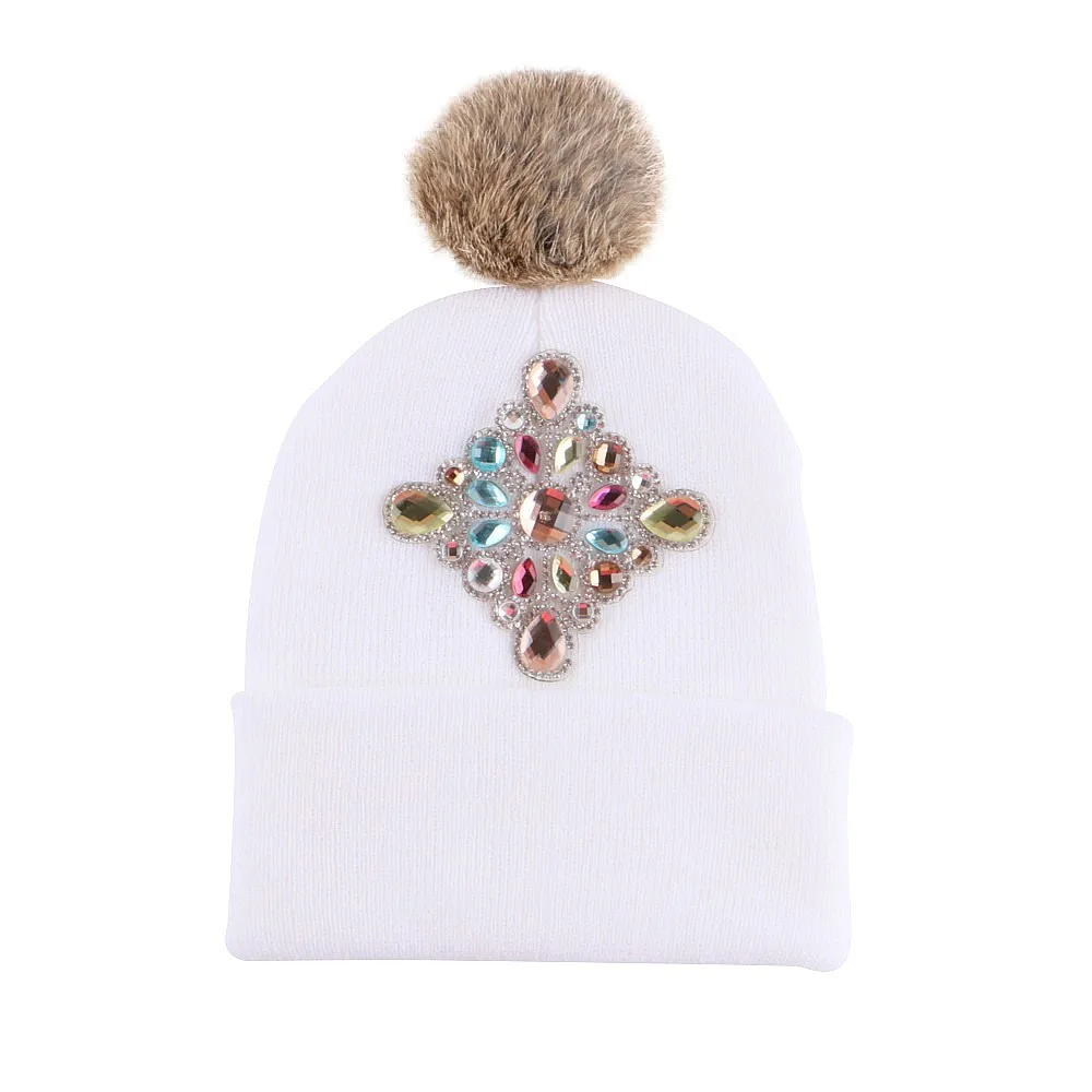 

3-12 year kid children beautiful floral winter hats with genuine rabbit pompom thermal outdoor beanies girl boys skullies gorros