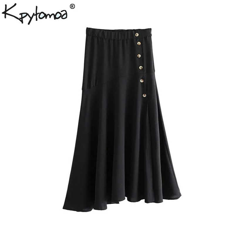 

Vintage Elegant Solid Buttoned Midi Skirt Women 2019 Fashion Side Zipper Elastic Waist Slit Ladies Skirts Casual Faldas Mujer