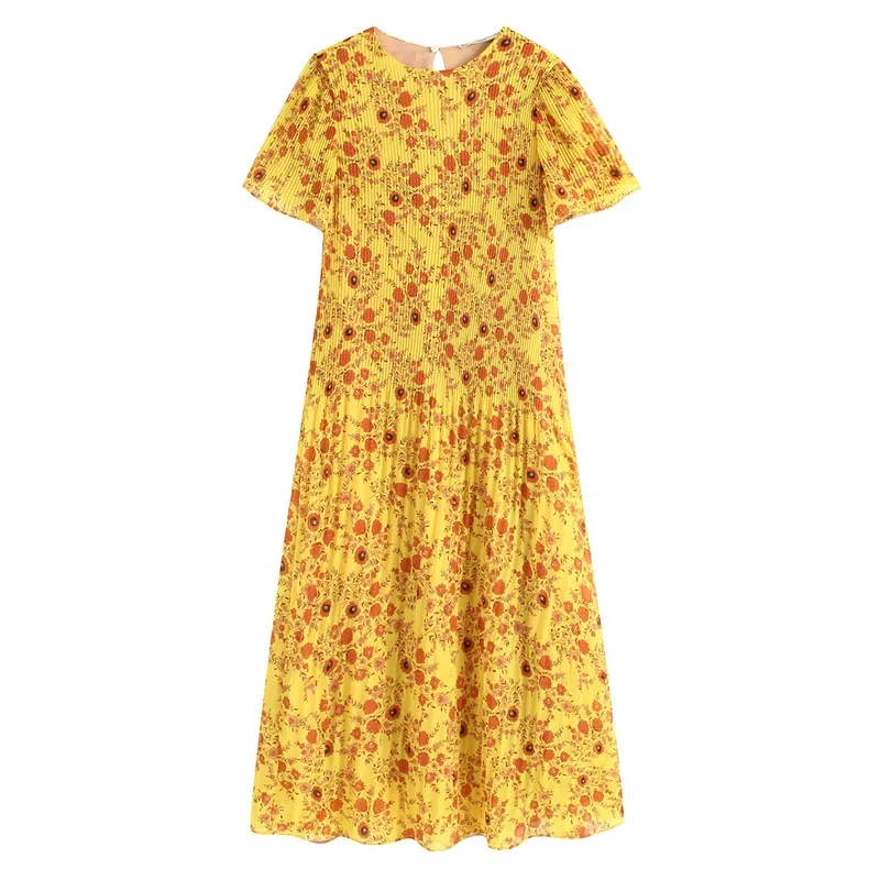 

QZ964 Summer Fresh Yellow Color Floral Print Pleated Chiffon Dress Beach Long Vestidos