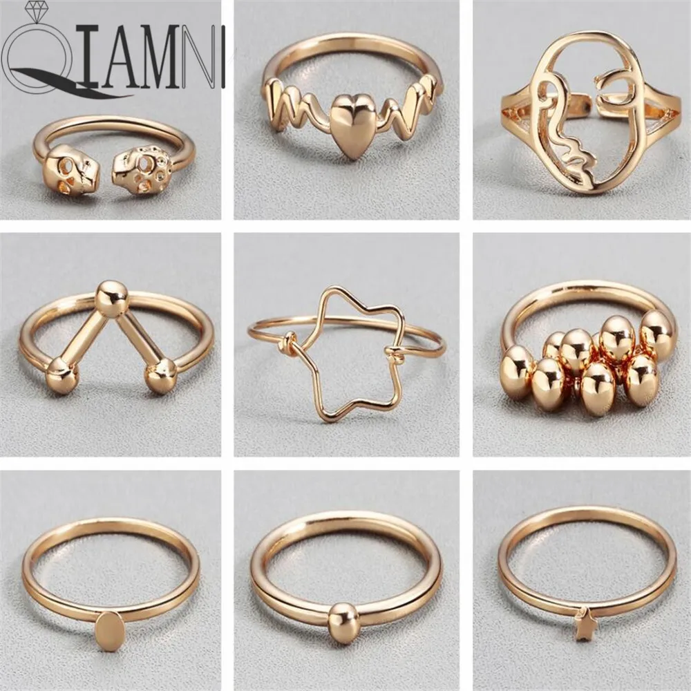 

QIAMNI Women's Gold Color Heart Skull Star Ball Stackable Finger Ring Cocktail Geometric Toe Foot Ring Party Jewelry Bague Femme