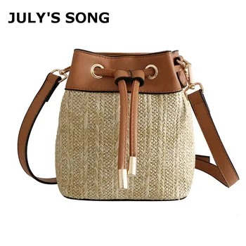

JULY'S SONG Drawstring Women's Straw Bucket Bag Summer Woven Shoulder Bags Beach Handbag Straw Handbags Rattan Crossbody Bag