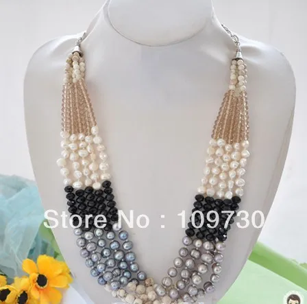 

Jewelry 001666 5row 24" white black gray pearl faceted crystal agate necklace