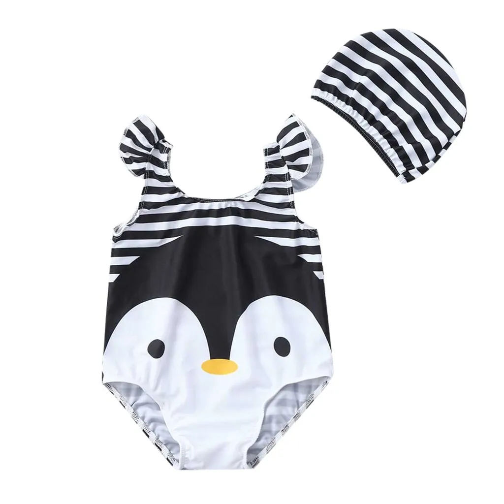 

2019 New Toddler Infant Kids Girls One-Piece Cartoon Swimsuit Bathing Costume Swimsuit Penguin Print Swimwear Hat 2Pcs Sets