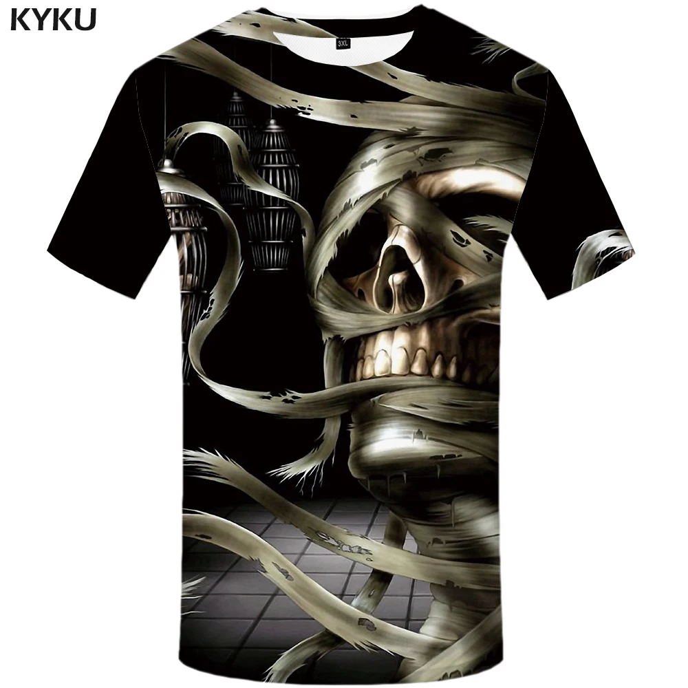 Мужская футболка с черепом KYKU, черная футболка с коротким рукавом, с 3D-принтом, в хип-хоп стиле, лето