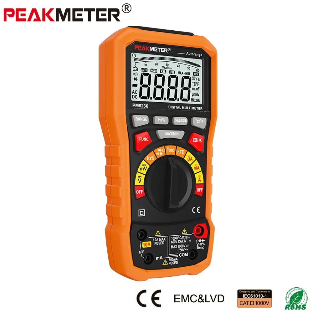 

PEAKMETER MS8236 6000 Counts Digital Multimeter with T-RMS / USB 1000V 10A 60M Ohm 100mF 10MHz Duty cycle Temperature