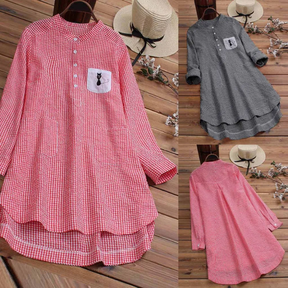 2019 women's plaid embroidered cat long sleeve tops and blouses Summer sexy beach top pretty blouses et chemisiers femme 40J12 (1)
