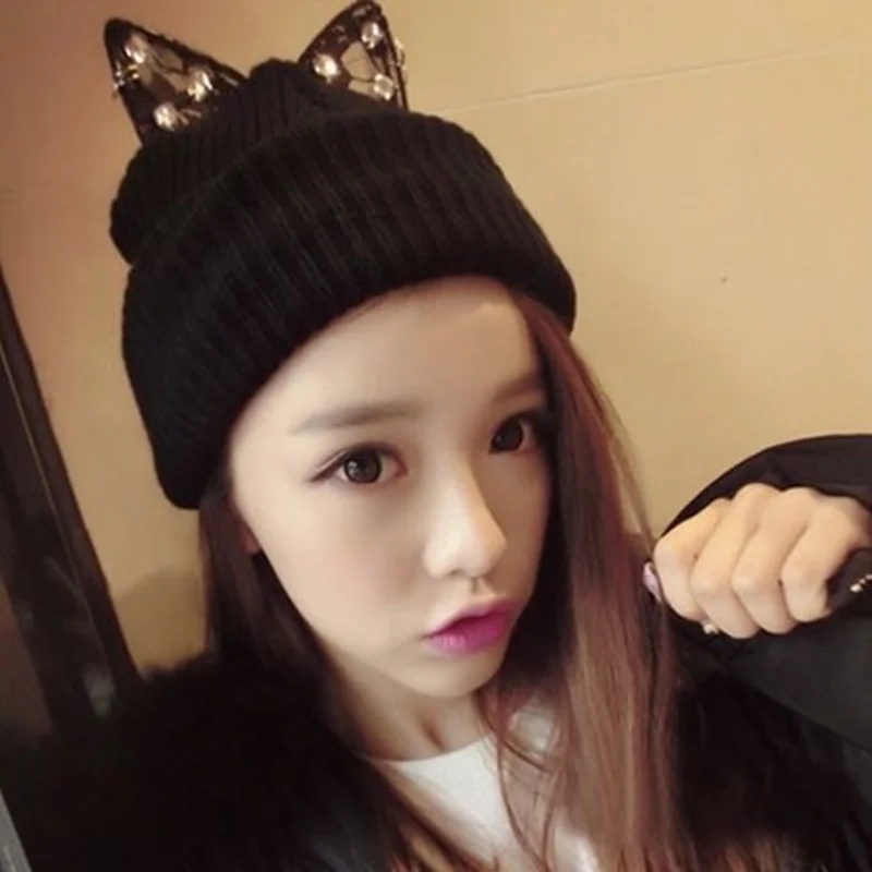 Cat ears lovely lace ear hat woman autumn and winter fashion knitting outdoor warm hat