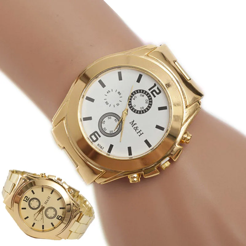 

Men Stainless Steel Sport Quartz Wristwatch Male Clocks Relogio Masculino Relojes Fashion Hour Gold Bracelet Big Dial Watches