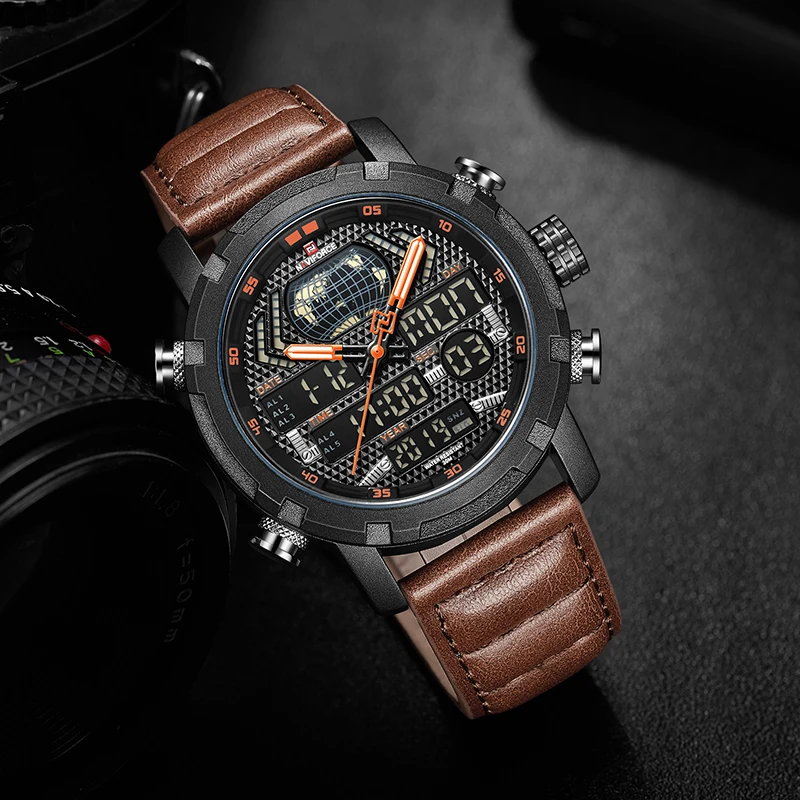 Online Herren Uhren NAVIFORCE Luxus Marke Mode Sport Uhren Männer Quarz Digitale Uhr Mann Leder Armee Militärische Wasserdichte Uhr
