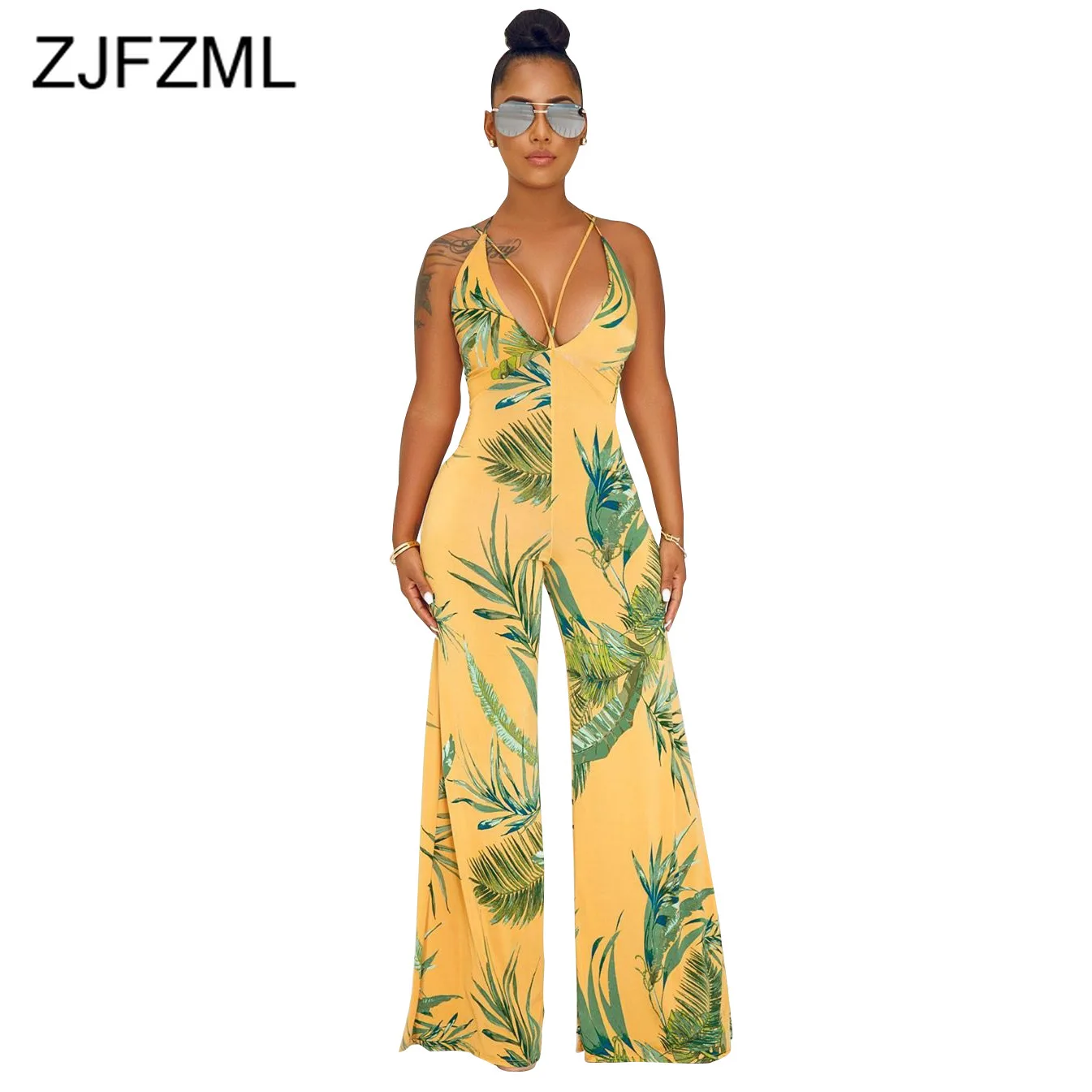 

Leaf Print Sexy Beach Overalls For Women Spaghetti Strap Backless Wide Leg Jumpsuit Summer Deep V Neck Sleeveless Long Bodysuit
