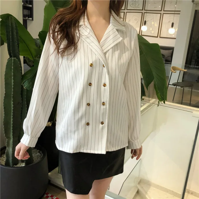 Woherb, летняя Корейская двубортная блузка, женская белая рубашка с принтом в полоску, Женская винтажная блуза Mujer De Moda 21370
