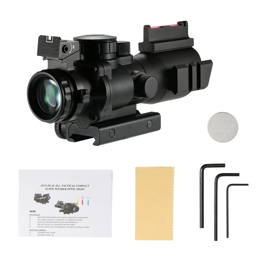 

4x32 Prism Red/Green/Blue Tri-Illuminated Tactical Reticle Riflescope Fiber Optic Sight Compact Hunting Scope