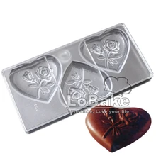 3 полостей большая форма сердца с розой цветочный узор поликарбонатовый для шоколада форма Кондитерские приспособления для выпечки для DIY Инструменты для выпечки