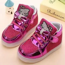 Детская Обувь 2018 Новинка весны рисунок «Hello Kitty» горный хрусталь LED Обувь для девочек принцессы Милая обувь с легкими ЕС 21-30