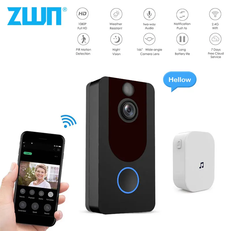 

ZWN V7 HD 1080P Smart WiFi Video Doorbell Camera Visual Intercom With Chime Night vision IP Door Bell Wireless Security Camera
