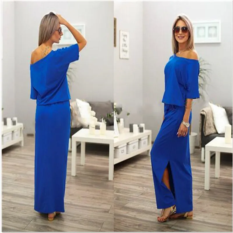 Dress Long Half Sleeve Slash Neck Off Shoulder Sexy Summer Loose Casual Solid Color Ankle-length Straight Dresses Vestidos