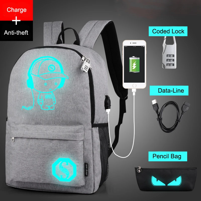 Raged Sheep School Backpack Student Luminous Animation School Bags For Teenager USB Charge Computer Anti theft