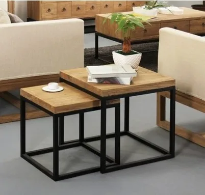Vintage European and American style retro pastoral metal tea table sets, square wooden Coffee table,metal furniture combination